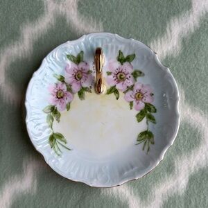 Vintage Floral Porcelain Nappy Plate with Gold Accent
